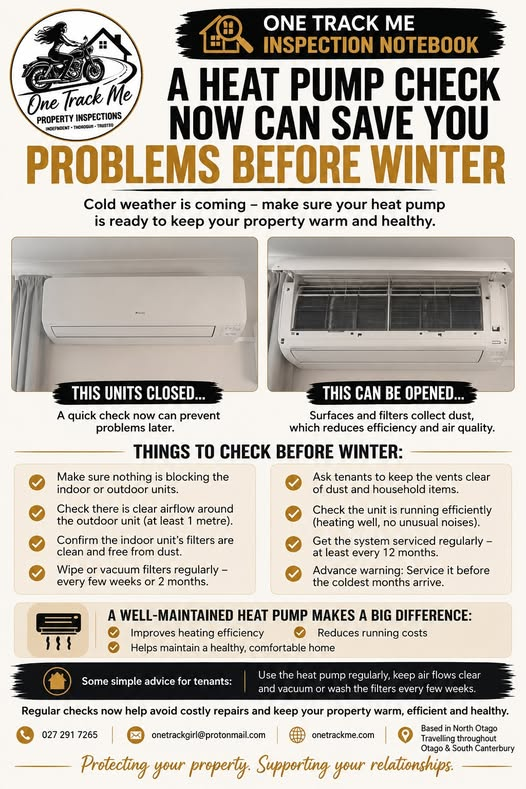 One Track Me inspection notebook poster with heat pump checks to do before winter