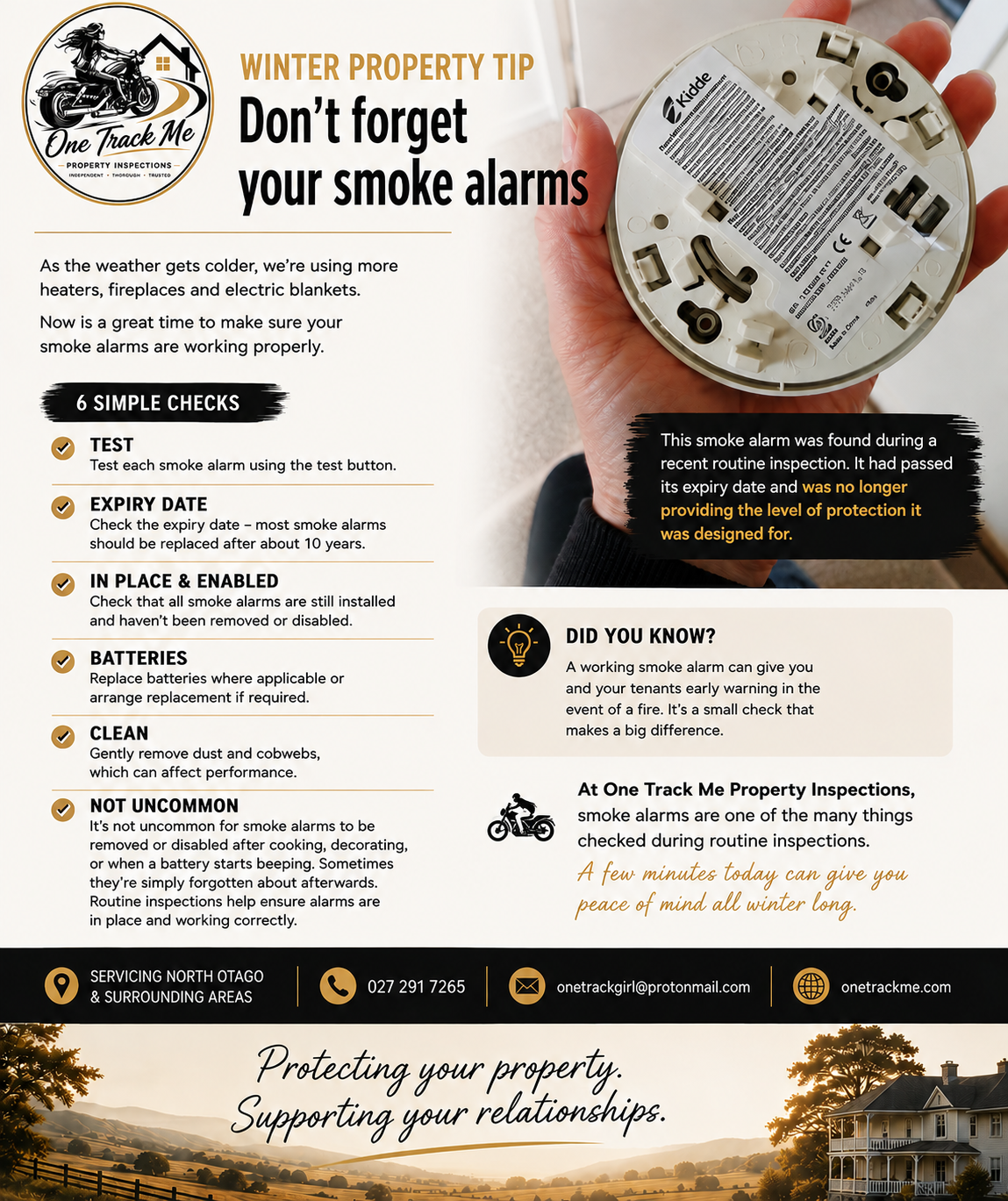 One Track Me winter property tip poster reminding owners not to forget smoke alarms